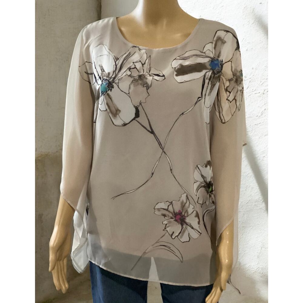 Coldwater Creek, Sheer Poncho, Floral Tunic, Watercolor Print, Kimono Top size L